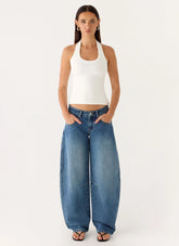 Stevie Low Rise Barrel Leg Denim Jeans - Mid Wash Blue