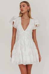 Irenna Ruffle Sleeve V-Neck Mini Dress Textured White
