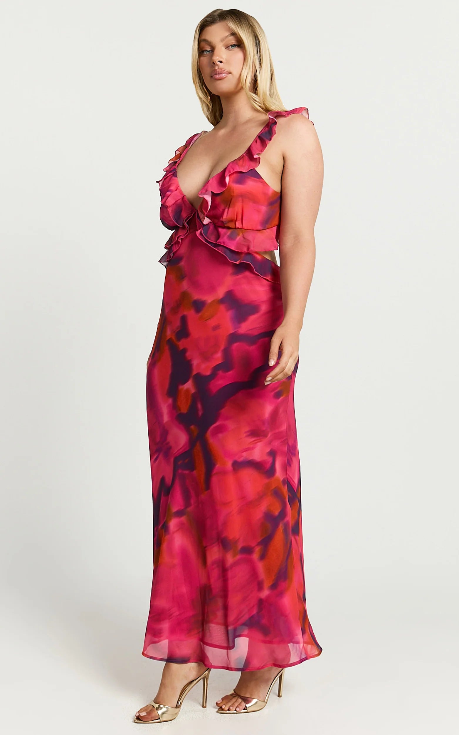 Alessa Midi Dress - V Neck Frill Detail Empire Waist Back Cut Out Dress in Adeana Print