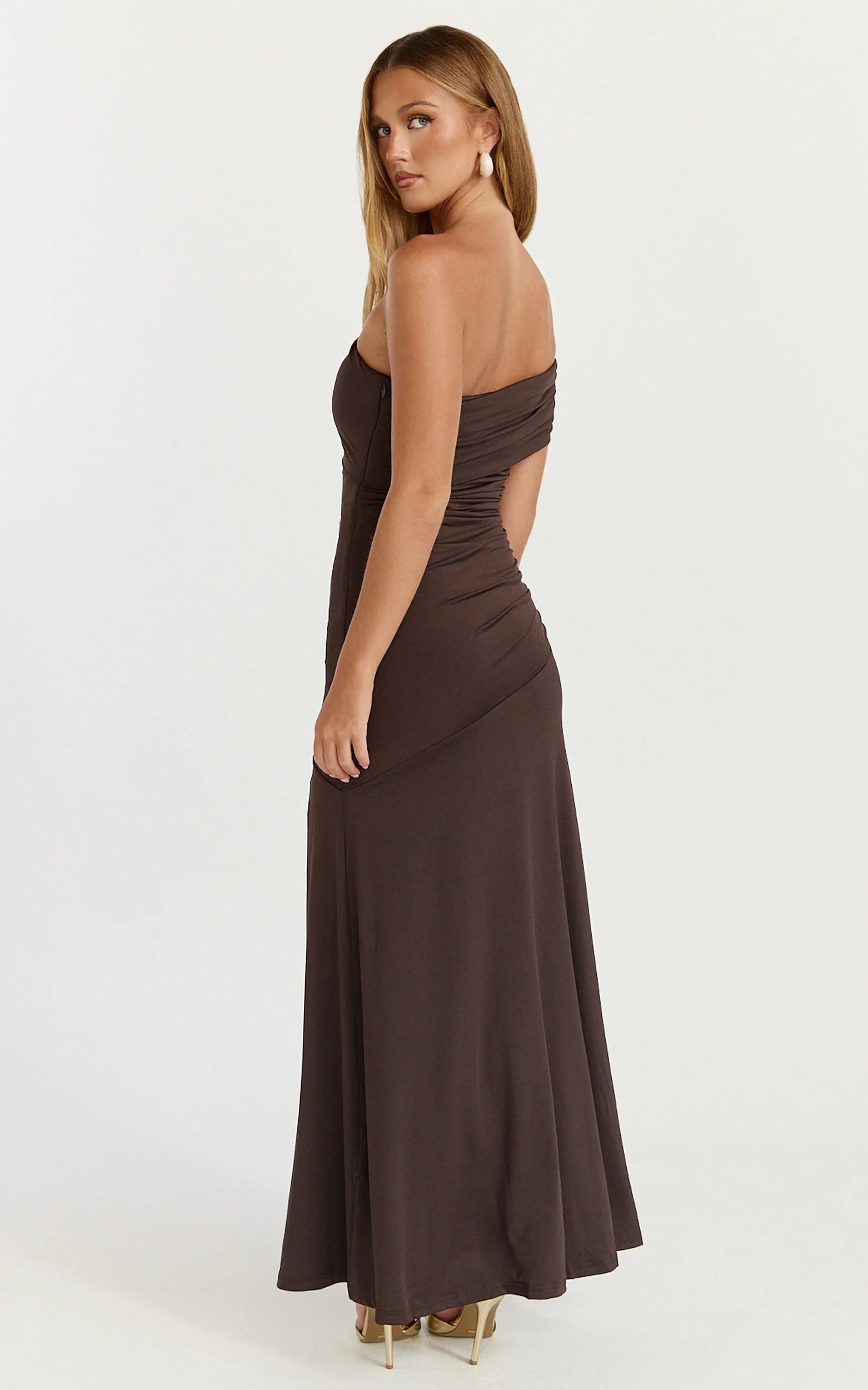 Opal Maxi Dress - Off Shoulder Gathered Bodice Fit And Flare Dress in Dark Chocolate
