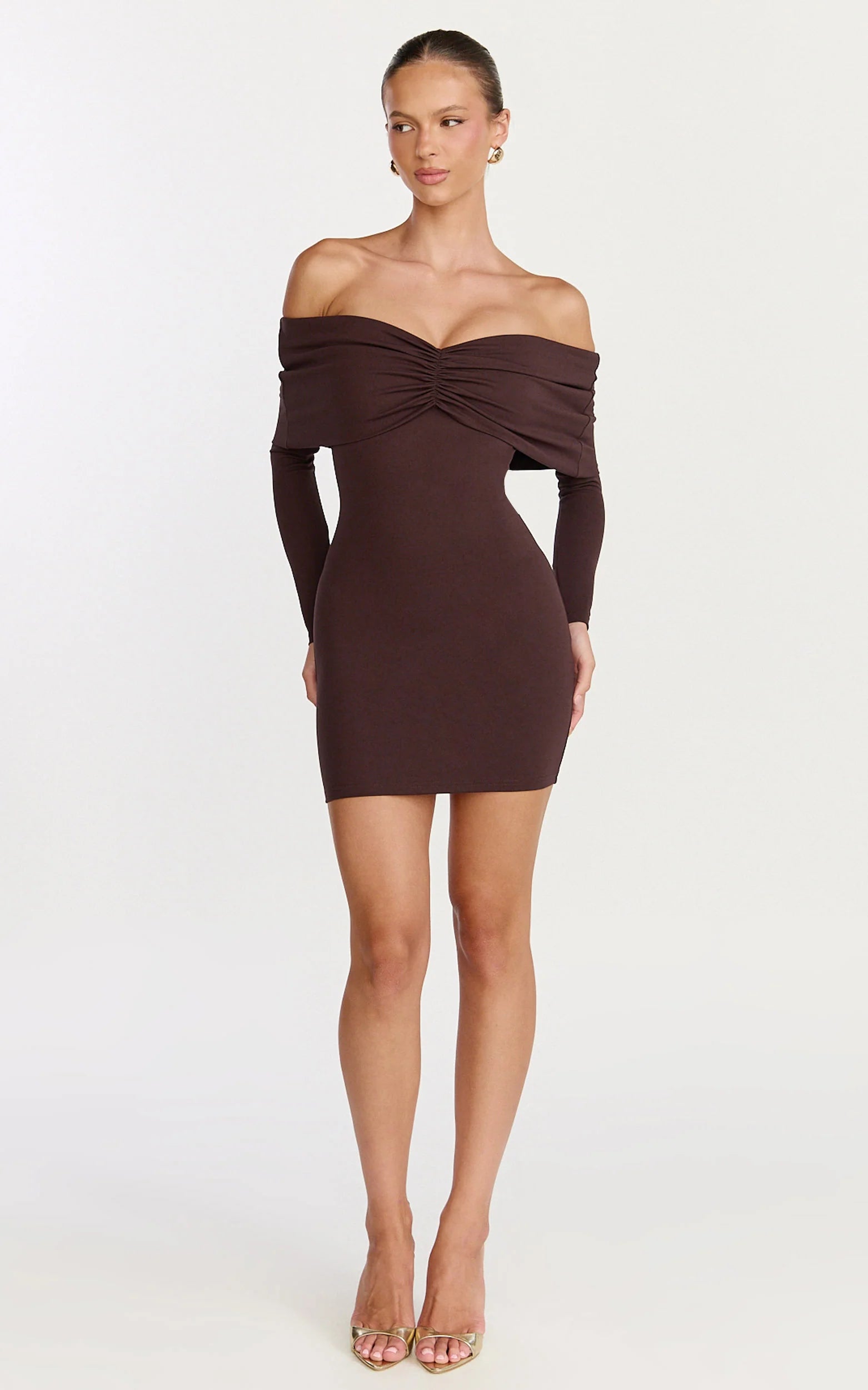 Rani Mini Dress - Off Shoulder Long Sleeve Bodycon Dress in Chocolate
