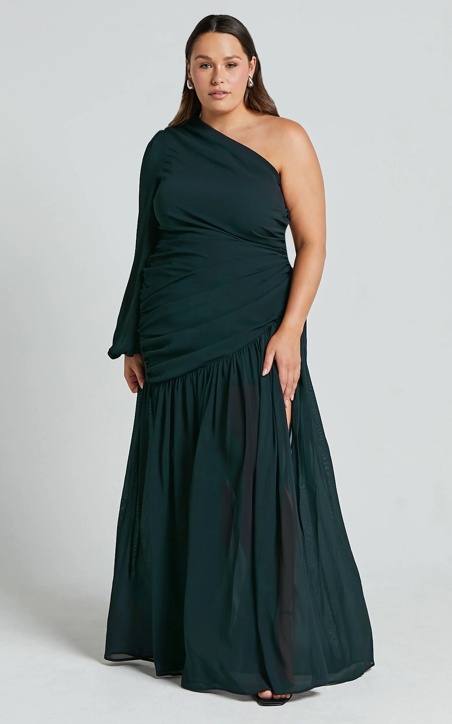 Grittah Maxi Dress - One Shoulder Bishop Sleeve High Split Ruched Dress in Emerald