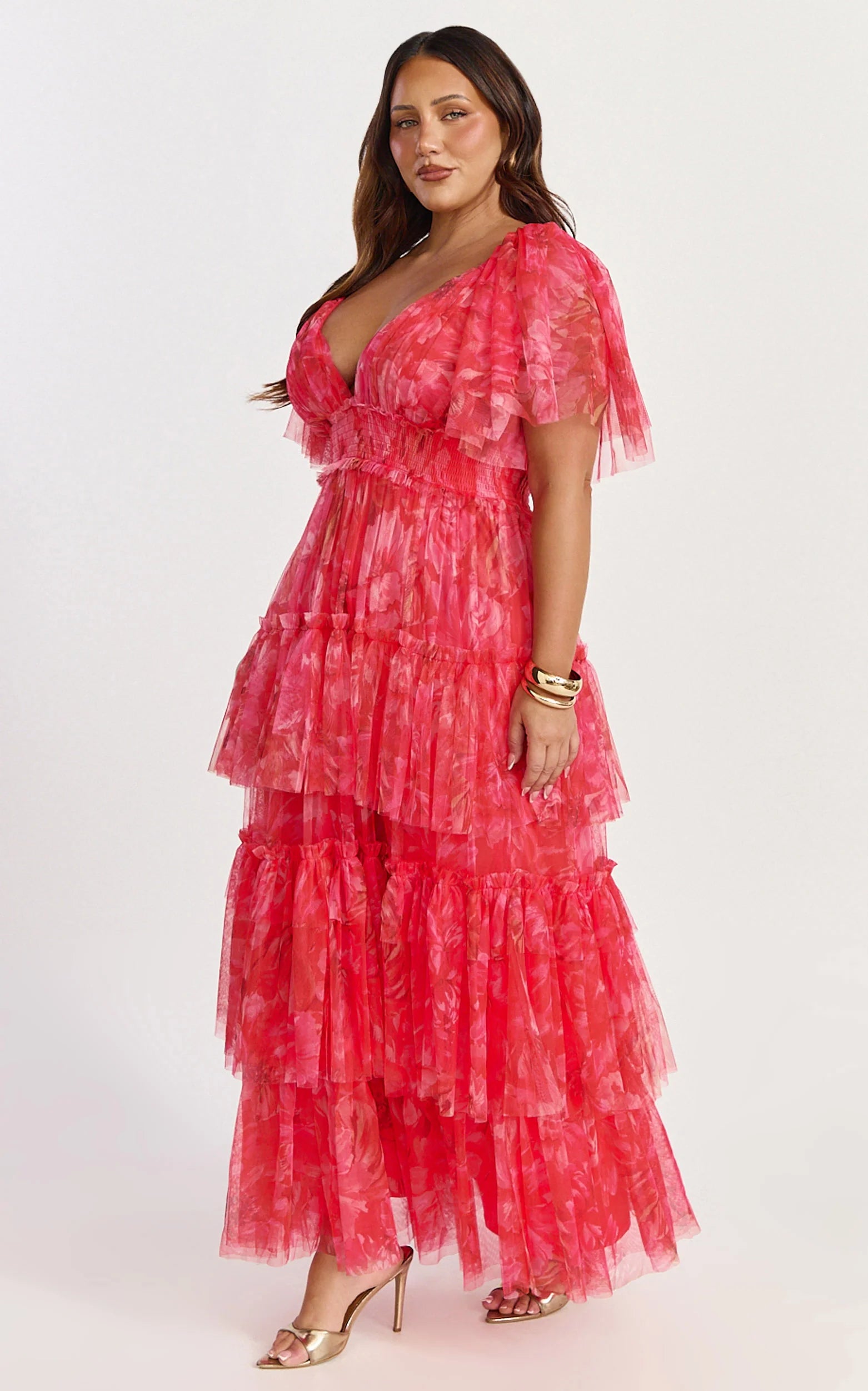 Leianna Midi Dress - Tulle Flutter Sleeve Tiered Ruffle Dress in Sunset Floral