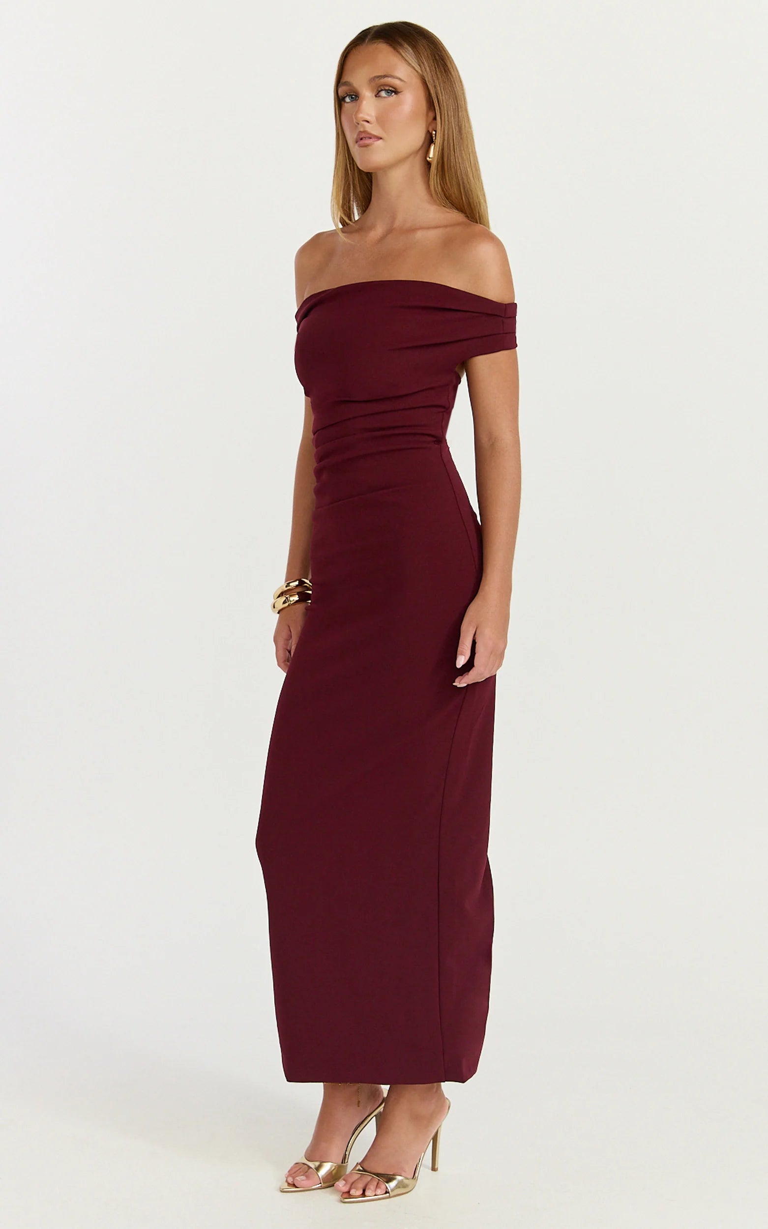 Lena Midi Dress - Off Shoulder Ruched Bodycon Dress in Wine